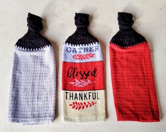Crocheted Topped Hanging Kitchen Towels - Fall Towels With Yarn Toppers - Hostess Gift - Home Decor