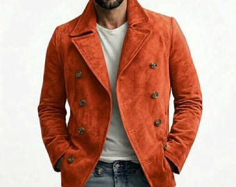 Men's Suede Peacoat, Double-Breasted Classic Style Jacket, Genuine Cowhide Leather