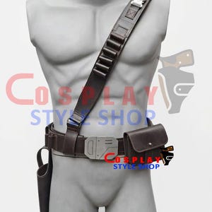 May include: A dark brown utility belt and shoulder strap set featuring a metallic silver buckle, a rectangular pouch, and a holster. The shoulder strap includes a series of loops for small items and a metallic quick-release style clasp.