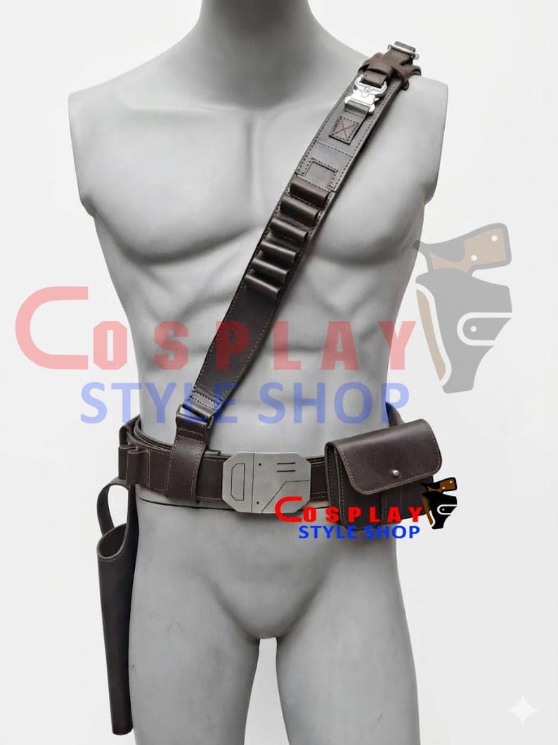 May include: A dark brown utility belt and shoulder strap set featuring a metallic silver buckle, a rectangular pouch, and a holster. The shoulder strap includes a series of loops for small items and a metallic quick-release style clasp.