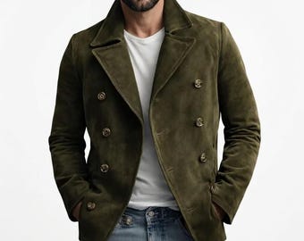 Men's Suede Peacoat, Double-Breasted Classic Style Jacket, Genuine Cowhide Leather