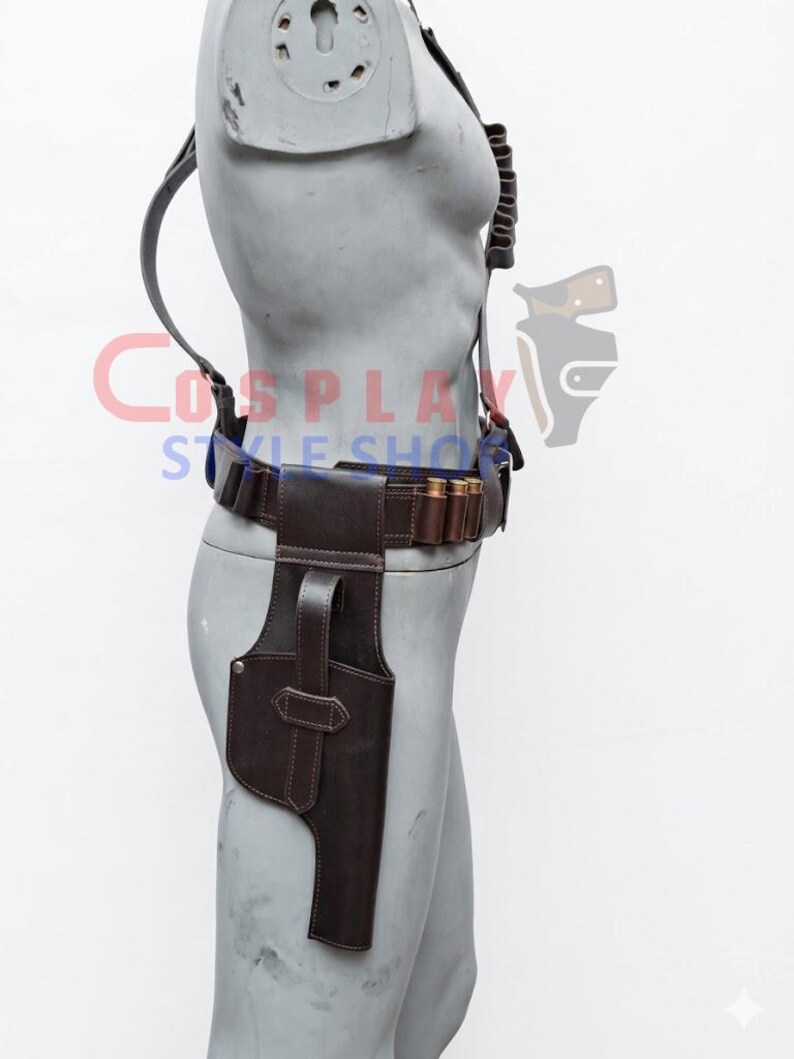 May include: A dark brown leather holster rig featuring a belt with integrated ammunition loops holding metallic cartridges, a shoulder strap, and a vertical side holster with a securing strap, displayed on a grey mannequin torso.