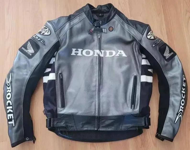 Grey Honda Rocket Motorcycle Leather Jacket: CE Approved Armor Jacket Replica