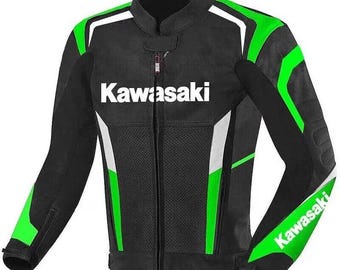 Men's Kawasaki Racing Cowhide Leather Motorcycle Jacket: CE Armored Biker Gear Replica
