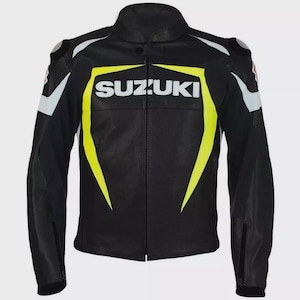 Nueva y elegante chaqueta de cuero genuino de vaca para motociclistas Suzuki con equipo de seguridad para conducir.