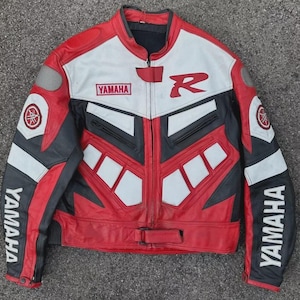 ヤマハ メンズ バイク用レザーレーシングジャケット レッド＆ブラック