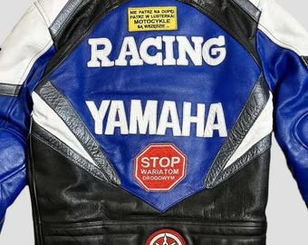 ヤマハブルーレザーバイクジャケット：ヴィンテージレーシングバイカー