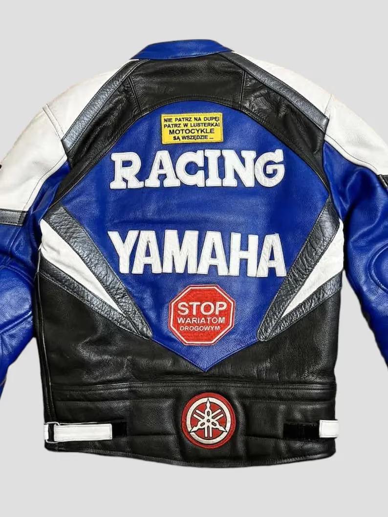 ヤマハブルーレザーバイクジャケット：ヴィンテージレーシングバイカー