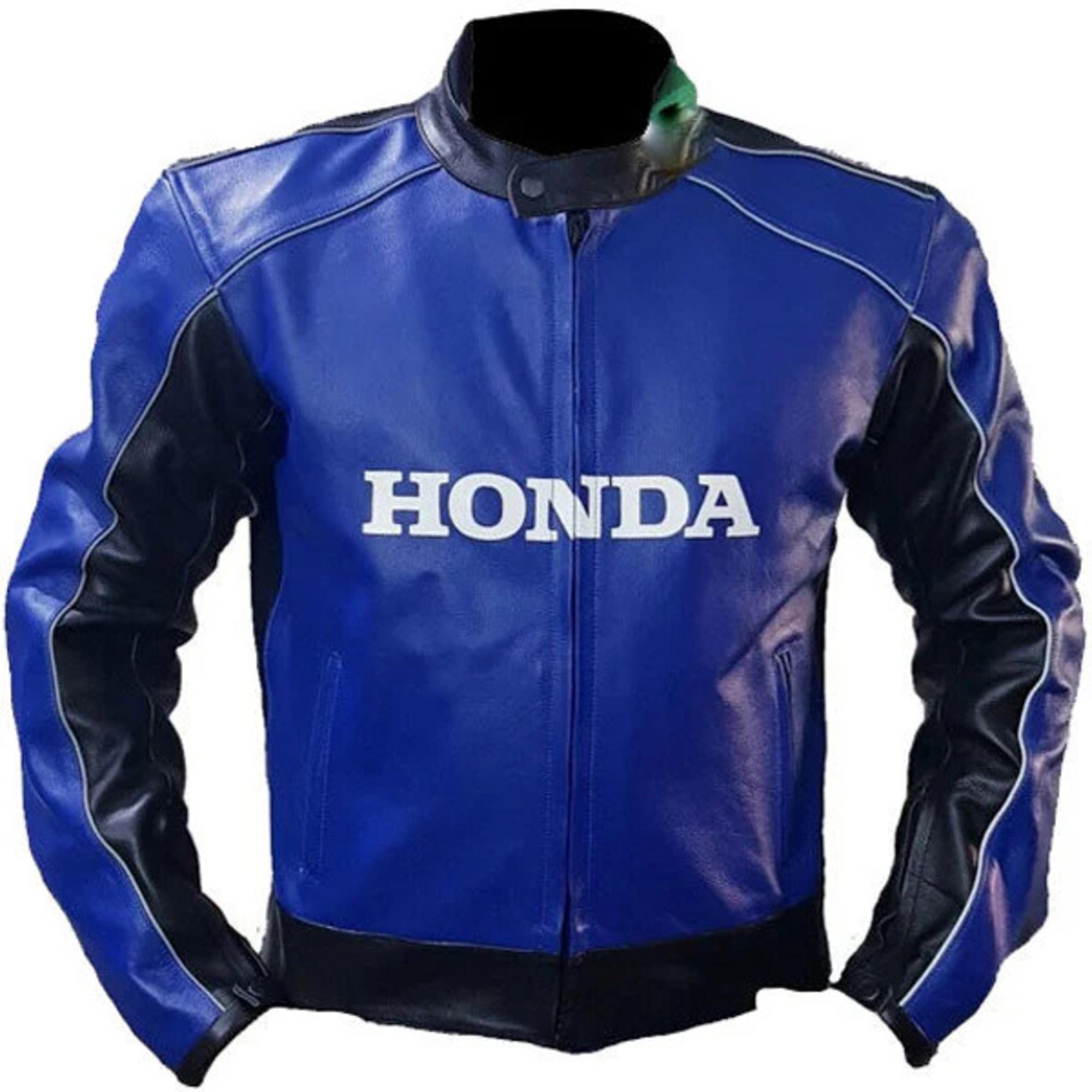 Men's Honda Blue Leather Motorcycle Jacket: CE Armored Racing Gear