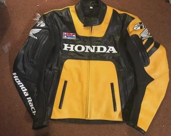 Yellow Honda Rocket Leather Motorcycle Jacket: CE Armored Biker