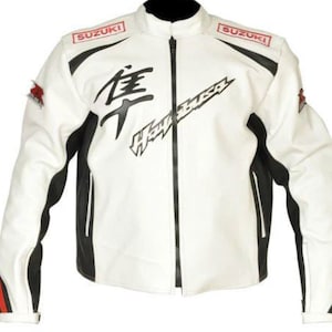 New Stylish Suzuki Hayabusa Racing Motorcycle White Rider Safety Biker Genuine Cowhide Leather Jacket