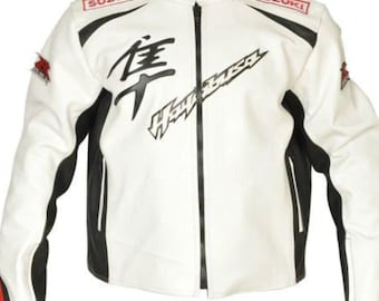 May include: White motorcycle jacket with black accents and a full-length zipper. Features the text "SUZUKI" on the shoulders and "HAYABUSA" with Japanese characters on the front. Red and black accents are visible on the sleeves.