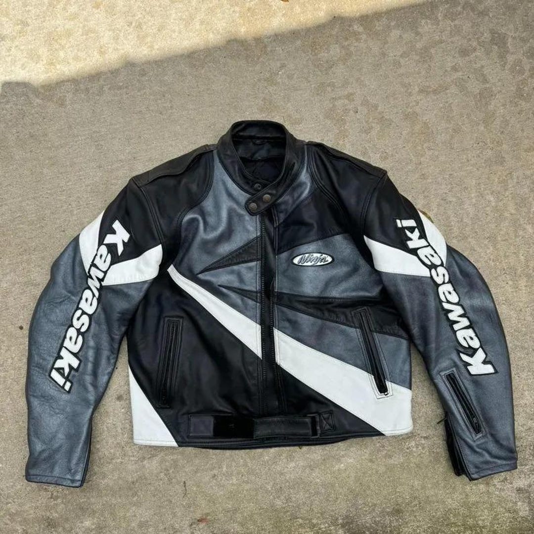Kawasaki Ninja Cowhide Leather Biker Jacket: Grey, Black & White
