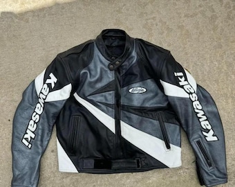 Kawasaki Ninja Cowhide Leather Biker Jacket: Grey, Black & White Jacket Replica