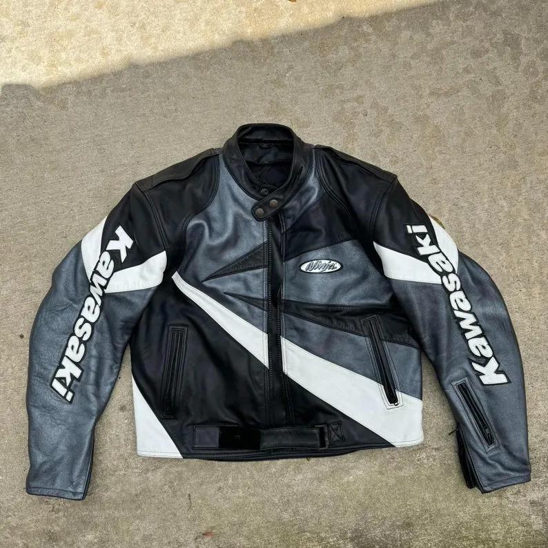 Kawasaki Ninja Cowhide Leather Biker Jacket: Grey, Black & White