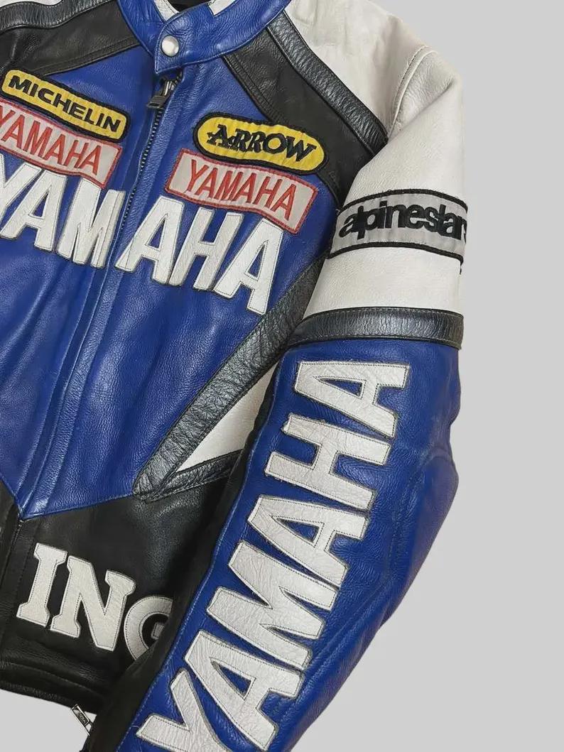 ヤマハブルーレザーバイクジャケット：ヴィンテージレーシングバイカー
