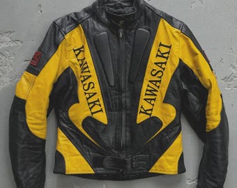 Yellow and Black Kawasaki Bike Racing Genuine Cowhide Leather