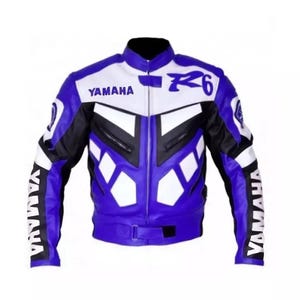 Nueva chaqueta de cuero genuino de vaca para motociclista Yamaha R6 Racing azul y blanco para hombre