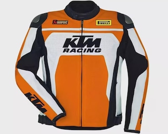 Orange KTM Motorcycle Leather Jacket: CE Armored Cowhide Riding Gear Replica