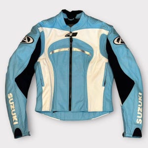 Chaqueta de cuero genuino Suzuki unisex azul cielo con protección CE para motociclistas.