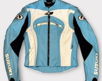 Suzuki Unisex Sky-Blue CE Armored Motorcycle Rider Safety Gear Genuine Cowhide Leather Jacket Replica