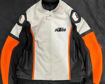 KTM White Cowhide Leather Motorcycle Jacket: CE Armored Racing Coat Replica