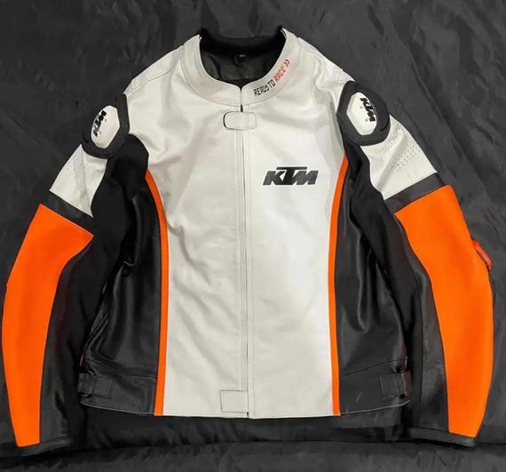 KTM White Cowhide Leather Motorcycle Jacket: CE Armored Racing Coat Replica
