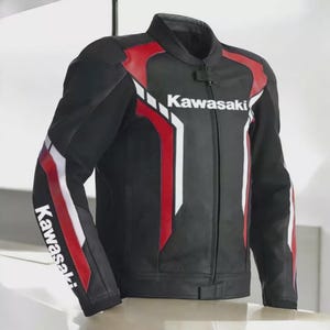 Blouson moto en cuir de vachette noir Kawasaki : Équipement de motard blindé CE