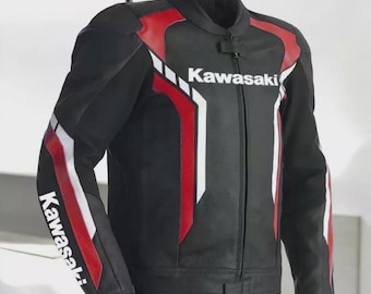 Kawasaki Black Cowhide Leather Motorcycle Jacket: CE Armored Biker Gear Replica