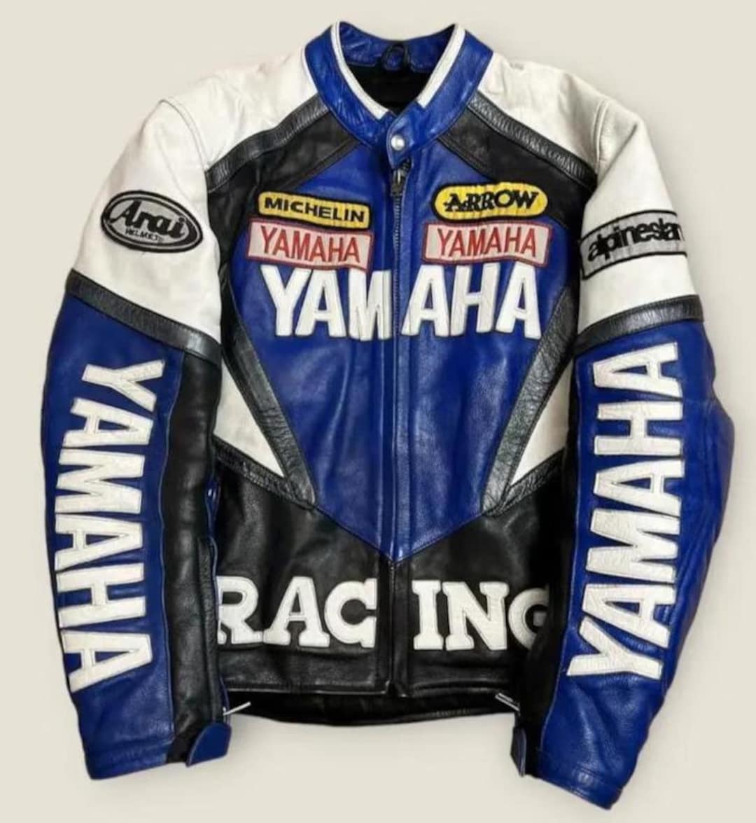 ヤマハブルーレザーバイクジャケット：ヴィンテージレーシングバイカー