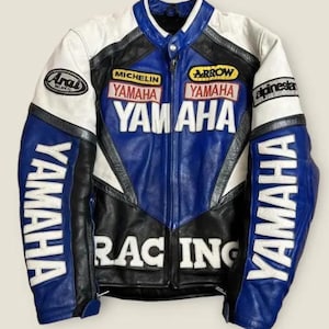 Yamaha blå lädermotorcykeljacka: Replika av vintage racingjacka i bikerstil