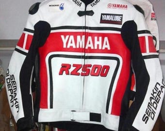 Men's Yamaha RZ500 White Cowhide Leather Motorcycle Jacket Replica