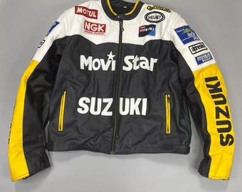 Men's Suzuki Movistar Racing Biker CE Armored Riding Genuine Cowhide Leather Jacket Replica