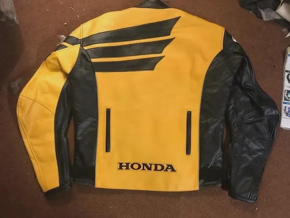 Yellow Honda Rocket Leather Motorcycle Jacket: CE Armored Biker