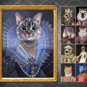 Customize Queen Pet Portrait, Renaissance Portrait, Regal Custom Dog Portrait, Royal Pet Portrait, Cat Queen Painting, Gifted for pet lover