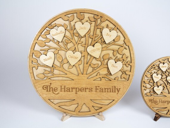Personalized Wooden Family Tree Plaque, Custom Engraved Family Name Sign, Gift for Mom, Dad, Grandparents, Wedding, Anniversary, Birthday