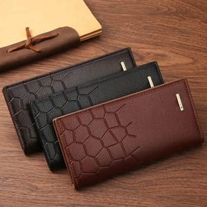 Cartera larga de cuero de lujo para hombre: diseño hexagonal, plegable, con múltiples ranuras para tarjetas y portamonedas, elegante cartera de negocios.