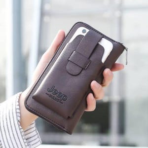 Cartera de cuero hecha a mano, cartera de mano, bolso de mano de gran capacidad para hombre, tarjetero y teléfono.