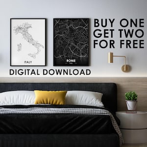 Rome & Italy Map Prints: Minimalist Black and White Decor. Digital Download