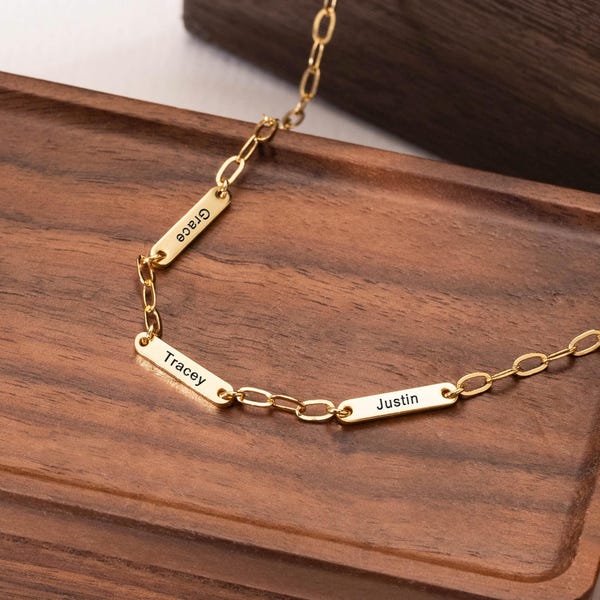 Personalized Engraved Bar Name Necklace with Paperclip Chain, Family Name Necklace, Mini Name Bar, Birthday Gift, Mothers Day Gift for Wife