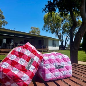 Quilted Gingham Cosmetic Bag—Handmade Pink & Red Checkered Makeup Pouch, Travel Toiletry Bag, Cute Quilted Zipper Bag