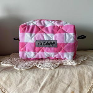 Mini quilted Gingham Cosmetic Bag—Handmade Pink & Red Checkered Makeup Pouch, Travel Toiletry Bag, Cute Quilted Zipper Bag