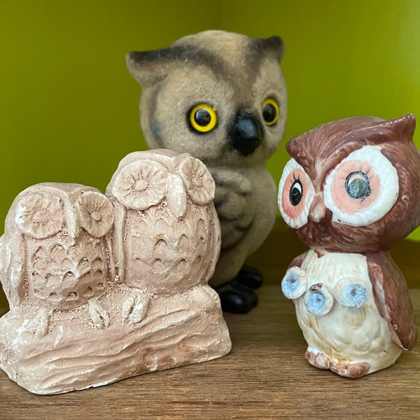 Lot of Three Vintage Owl Figurines - Josef Originals Flocked Owl - Carved Owl Pair on Log - Vintage Ceramic Owl - Retro Owl