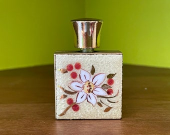 Vintage Small Enamel-Front Perfume Bottle - White and Gold Floral Design - Miniature Perfume Bottle Midcentury - Empty