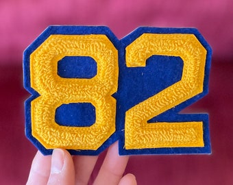 Vintage “82” Letterman’s Jacket Patch in Yellow and Blue - Fuzzy 82 Patch - Marigold Yellow Navy Blue - 1980s High School Jacket Patch