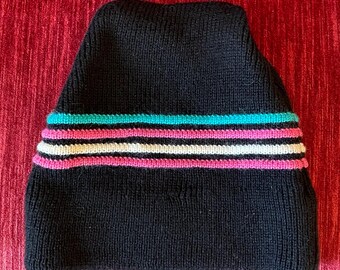 Vintage 100% Wool Ski Hat by Meister - Black Beanie with Stripes - Retro Skiwear - Vintage Winter Hat - Men’s Apres Ski Hat Pink, Blue