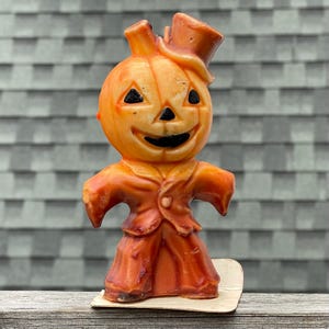Vintage Gurley 5 Inch Pumpkin Man Candle - orange retro Halloween decor - Midcentury Halloween Candle - Smiling Pumpkin Candle with Wick