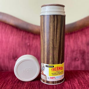 Vintage 1967 Thermos Brand Wide Mouth Vacuum Bottle with Original Label - Vintage Thermos - Woodgrain Large Thermos - King-Seeley NOS Retro