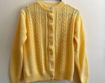 Vintage “Spindles” Lemon Yellow Acrylic Cardigan Sweater - Spring Sweater - Retro Sweater - Pastel Sweater - Easter Sweater Size M