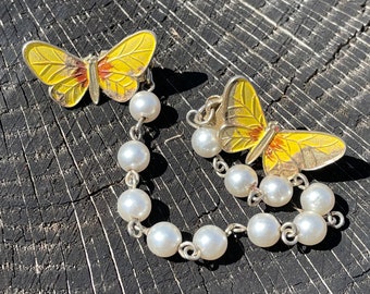 Vintage Enamel Butterfly Sweater Clip with Faux Pearl Chain - Yellow Butterflies - Retro Butterflies - Vintage Yellow Butterlfy Clips